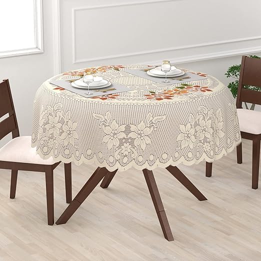 Dakshya Industries Polycotton 60 Inch Round 6 Seater Center Table Cover Floral Design Table Cloth (Beige, Polycotton)-image-22
