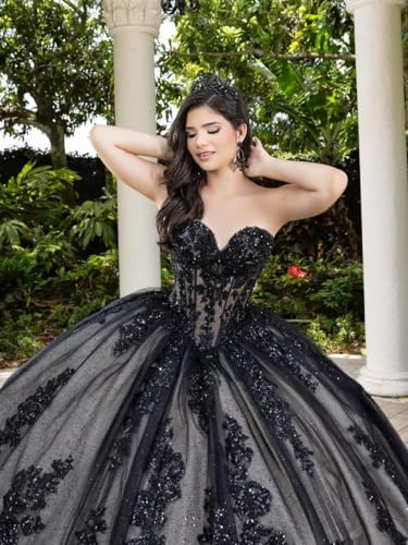 Vintage Tulle Quinceanera Dresses Black Lace Wedding Dresses Strapless Evening Gowns with Train3
