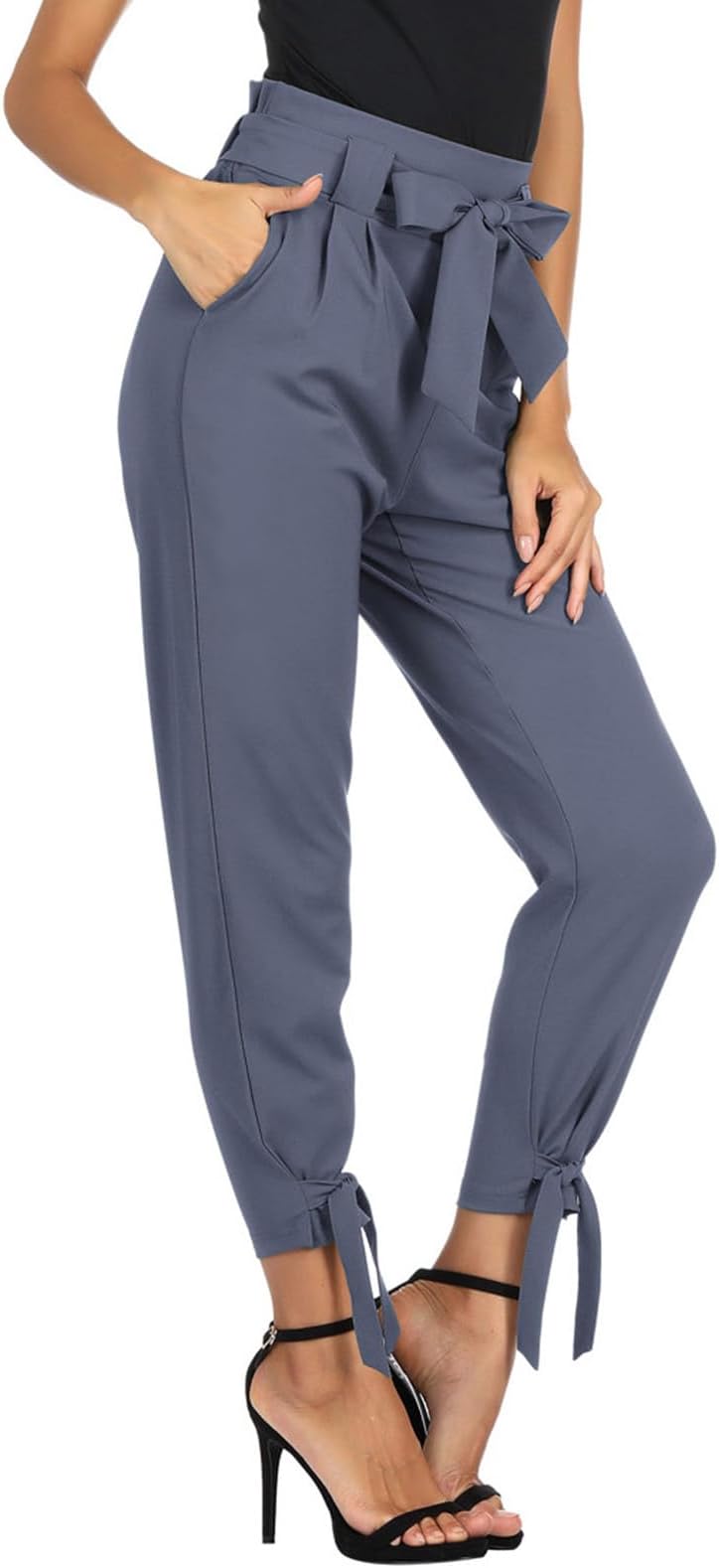 Womens Casual High Waist Pencil Pants with Pockets Bow-Knot Cropped Paper Bag Pants for Work