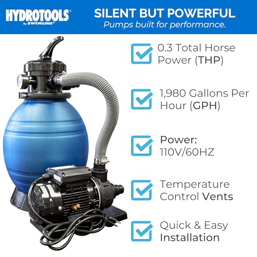 Image of SWIMLINE HYDROTOOLS Complete Sand Filter System, 12 inch Tank - for Above-Ground Pools Up to 8,000 Gallons, Single Speed Pump, 0.3 THP, 1,980 GPH, 4-Way Multi-Port Valve, 42 lb Capacity