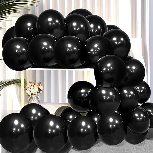 Firomi Black Balloons 12-inch 100 Pack Big Helium Round Black Metallic Thicken Latex Balloon for Birthday Party Balloons (with 3 Ribbons)
