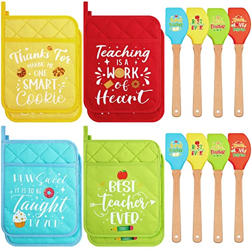 Lallisa 16 Pcs Christmas Teacher Appreciation Gifts Teacher Pot Holder Teacher Spatula Gifts Heat Resistant Microwave Oven Mitt Silicone Spatula with Wooden Handle for Baking End of the Year Gift