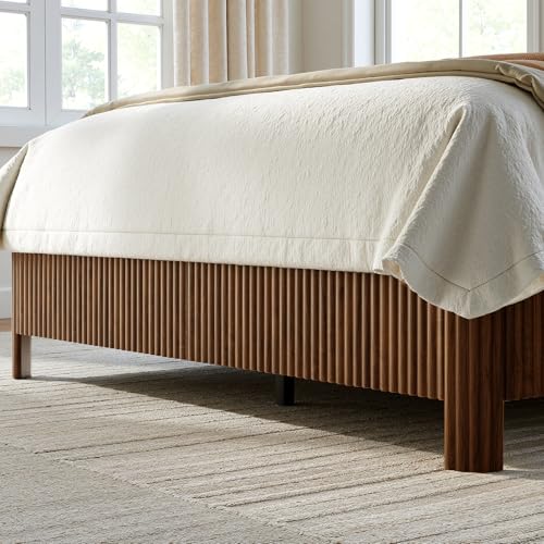 Image of Evermagin Walnut King Bed Frame with Headboard, Mid Century Modern Fluted Platform Bed, Boho Wooden Bed Base No Box Spring Needed, Wavy Grooved Panel