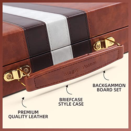 Magic Vosom Travel Medium 15 Inch Backgammon Brown Sets Classic Board Game With Premium Leather Case, Portable Travel Strategy Backgammon Game Sets For Adults, Kids (Brown,Medium) #TOP1