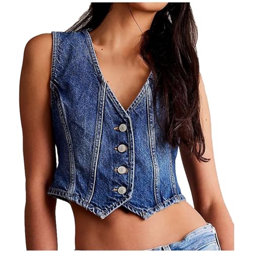 Generisch Lässiges Jeansoberteil V-Ausschnitt Weste verstellbar Jean-Tanktop Freizeitmode Damenbekleidung (Dark Blue, XL)