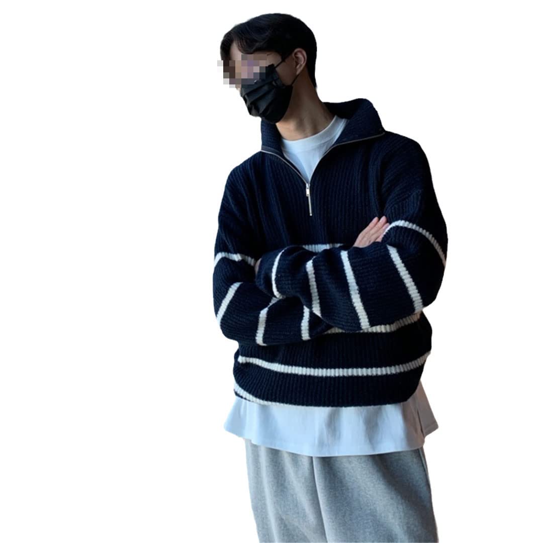 Vogrtcc Maglione invernale con risvolto con cerniera da uomo maglione a righe casual di modo caldo, Marina Militare, M