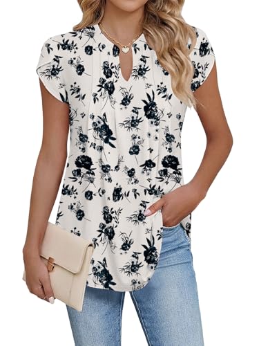 Cuptacc Top Damen V-Ausschnitt Blusenshirt Damen Sommer Kurzarm Blumen Falten Lässig Lange Tshirts Weiß Schwarz Blume, XXL 50-54