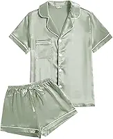 Pijama feminino de manga curta com botões macios, conjunto de 2 peças de shorts de cetim