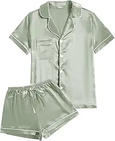 Pijama feminino de manga curta com botões macios, conjunto de 2 peças de shorts de cetim