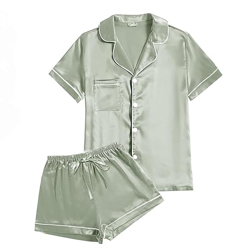 Pijama feminino de manga curta com botões macios, conjunto de 2 peças de shorts de cetim