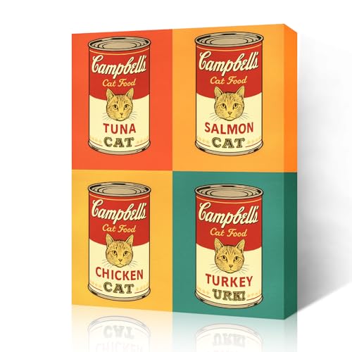 Pop Art Cat Wall Art, Andy Warhol Style Campbell's Soup Can Funny Cat Food Cans Print, Canvas Prints for Living Room, Kitchen Decor Modern Wall Art, Wrapped Framed 8x10Inch