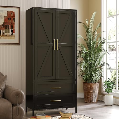 Image of SUPEER Metal Wardrobe Closet with Drawers & Hanging Rod - 71 inch Tall Armoire Storage Cabinet for Bedroom,2 Drawers + Adjustable Shelf, 4 Leveling Feet, Black,Required Assembly