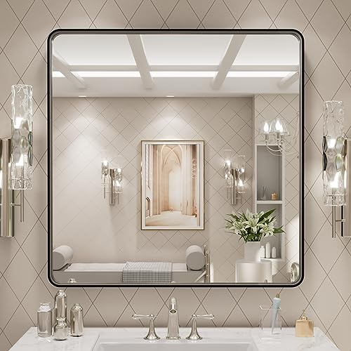LOAAO 30x30 Inch Black Metal Framed Bathroom Mirror for Wall, Matte Black Bathroom Vanity Mirror Farmhouse, Large Rounded Rectangle Mirror, Anti-Rust, Hangs Horizontally or Vertically