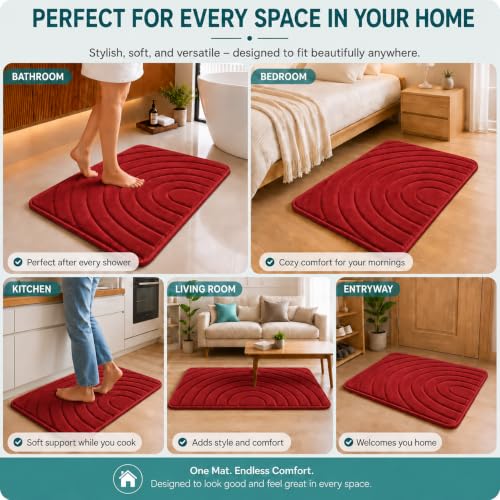 Image of Premium Memory Foam Bath Mat | 40x60cm Super Absorbent Velvet Bathroom Rug | Non-Slip Machine Washable Floor Mat (Cherry Red)