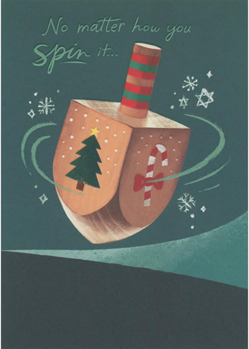 Designer Greetings No Matter How You Spin It: Dreidel with Tree and Candy Cane Images Box of 15 Interfaith Holiday Cards