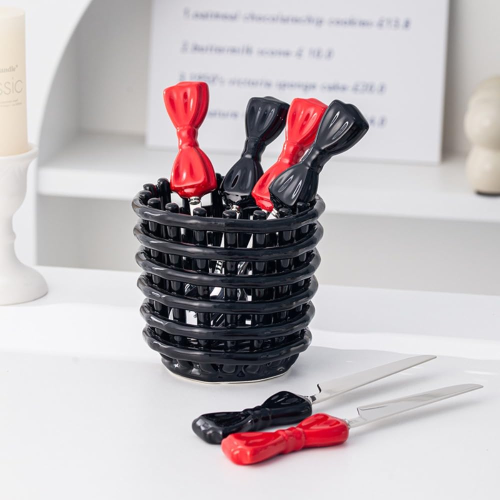 Bowknot Manico in Ceramica Cucina in Acciaio Inox Argenteria Stoviglie Posate Set Posate Bistecca Coltello Forchetta Cucchiaio Cucchiaio Cucchiaino (Nero,12 pezzi)