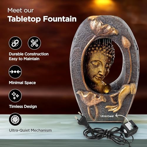 Image of Polyresin Buddha Fountain for Home Decor with LED Lights | 33x17x49.5 cm | Fountain for Living Room /Hall /Office /Garden D?cor Gifting | Bronze Color