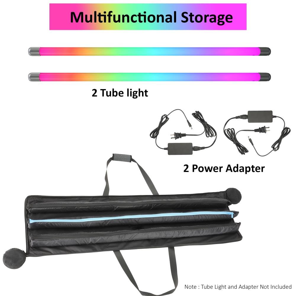 Tragetasche für RGB-LED-Röhren für zwei 1,2 m lange Lichter – wasserabweisendes Cordura-Gewebe mit gepolsterten Fächern, Griffumwicklung und Reißverschlusstasche für Netzadapter, Kabel und