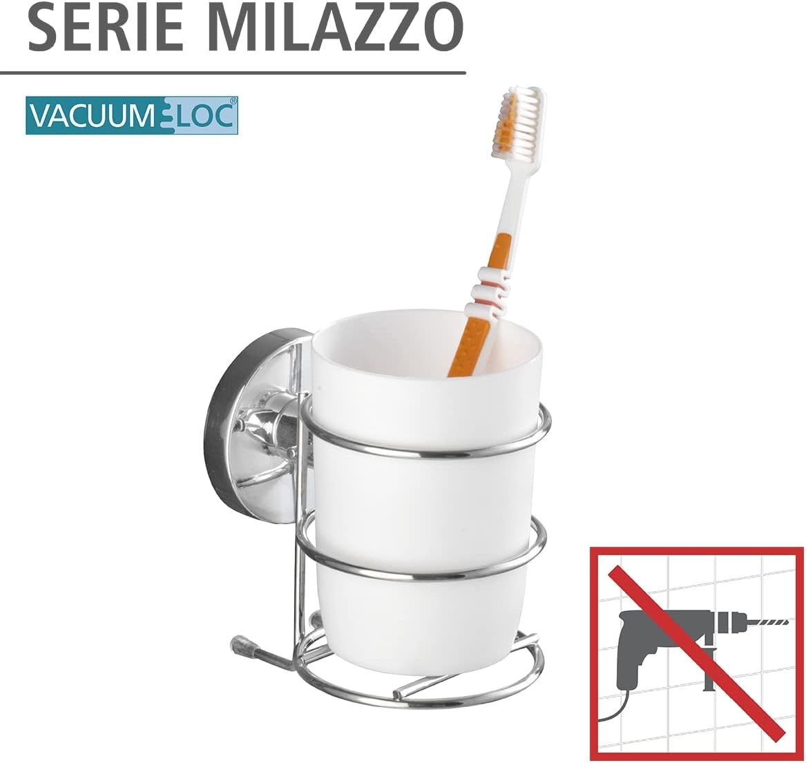 WENKO 20880100 Vacuum-Loc wall toothbrush tumbler Milazzo - fixing without drilling, Metal - Steel, 7.5 x 11.5 x 9.5 cm, Chrome - Image 3