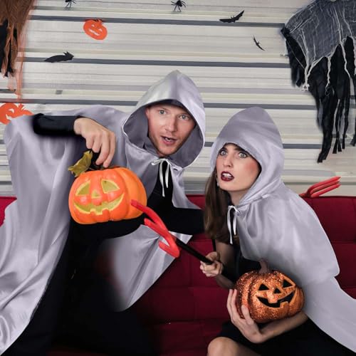 Aomig Schwarzer Umhang Vampir Umhang Jedi Mantel Mittelalter Umhang mit Kapuze für Erwachsene Unisex Scream Kinder Cape Kostüm Halloween Costume Maskerade Familienfeier Karneval Cosplay (Silber-150cm)