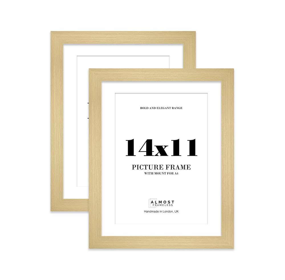 14x11 Gold Frame With Mount for A4 Pictures 28mm Edge Portrait and Landscape Display with Wall Hooks and Kickstand, 2 Pack