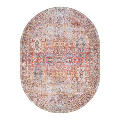 Rugshop Multi Transitional Distressed Oval Area Rug — Machine Washable & Non‑Slip, 5' X 7' Oval for Living Room, Bedroom and Entryway