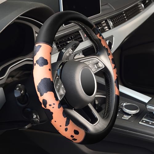 Cow Print Tooled Leather Steering Wheel Cover,14.5-15",Anti-Slip,Brown by ZHOL - Used condition - Image 4