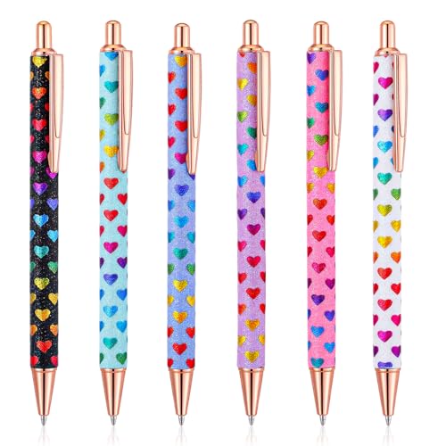 DOPENSPI Lot de 6 stylos à bille Bling - 1,0 mm - En forme de cœur - Rétractable - Stylo décoratif noir - Stylo à bille personnalisé pour fournitures de...