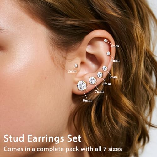 7 Pairs 20G Flat Back Stud Earrings for Women Men Hypoallergenic 14K Gold Plated Surgical Steel Stack Cartilage Earrings for Multiple Piercing Sensitive Ears Bonus Plum Blossom FlatBack Studs CZ 2-8mm2