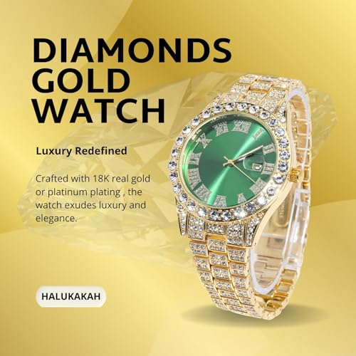 Image of Halukakah Diamonds Gold Watch Iced Out for Boy Teens Kids - 18K Real Gold /Platinum Plated,42mm Blue /Green /Red Dial,Japanese Quartz - 8 inch Length - Optional with Cuban Link Chain,with Watch Adjuster Tool