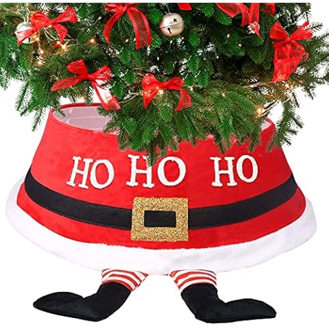 LUCKKYY Christmas Tree Skirt, 3D Santa Elf Claus Christmas Ornaments,Tree Decoration Apron Christmas Decoration Tree Foot Skirt Ornaments with Gift Box (Red) Cover