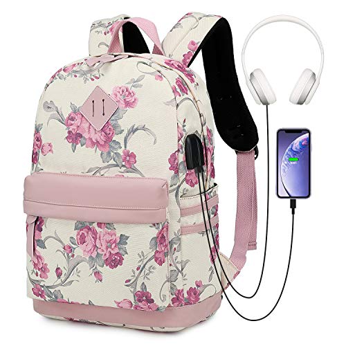 Floral Laptop Backpack + Student College Schoolbag with USB Charger Port for 14" Notebook