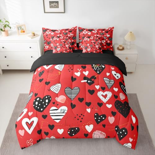 Image of Erosebridal Love Heart Comforter Set Full 7 Piece Red Heart Shaped Bed in A Bag Romantic Valentine Theme Bedding Sets for Kids Girls Geometric Stripes Sheet Set with Comforter