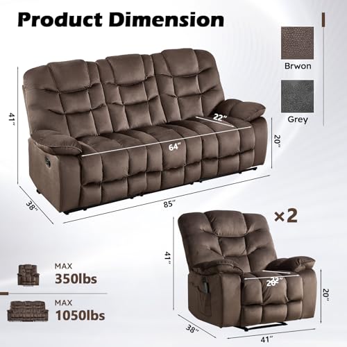 HAOMARKETS 3 Pieces Recliner Sofa Furniture Set, Include 2 Power Recliner Chairs with Message&Heat and a 3-Seater Reclining Couch for Living Room, Brown - Thumbnail 2