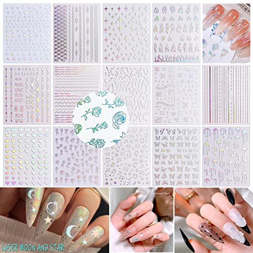 Silpecwee 14 Sheets Aurora Nail Stickers Laser Silver Nail Art Stickers Decals Holographic Heart Star Butterfly Flower Self Adhesive Nail Designs Stickers 3D Nail Decoration For Nail Art #TOP1