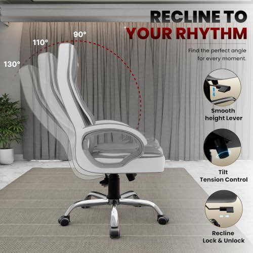 Image of beAAtho Vintage Executive High Back Ergonomic Leatherette Office Chair with 3 Years Warranty | Revolving Director & Boss Seating | Orthopedic Design | White Grey