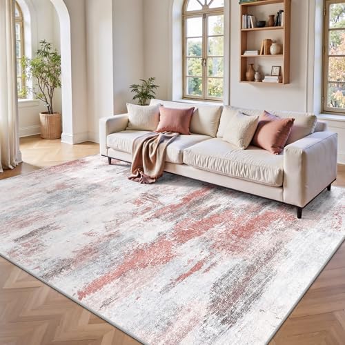 Image of 5x7 Rugs for Living Room - Modern Abstract Washable Rug, Ultra Soft Non Slip Low Pile Large Rugs, Floor Carpet for Bedroom Dining Room Office Laundry Nursery Home（Pink & Grey）