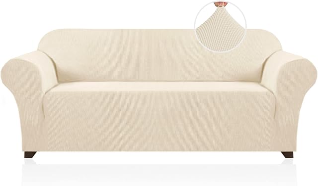 1 Piece High Stretch Sofa Cover for 3 Cushion Couch Soft Spandex Form Fit Slip Resistant Stylish Furniture Protector with Elastic Bottom Sofa Slip Cover Protector (3 Seater-Sofa, Natural)