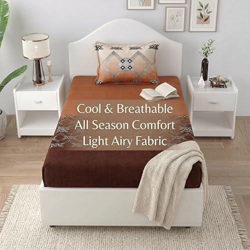Image of Mafatlal Pure Cotton Single Bedsheet Combo Pack of 2 with Pillow Covers | Soft Breathable Bed Sheets for Summer | Floral Bedding Set | White Blue & Brown