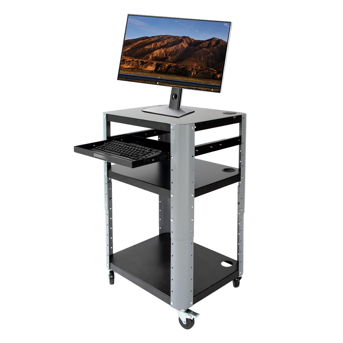 Carrito de 3 niveles con ruedas, estación de trabajo móvil con estantes ajustables en altura y bandeja para teclado extensible, capacidad de carga de hasta 130 kg, diseño desmontable, color