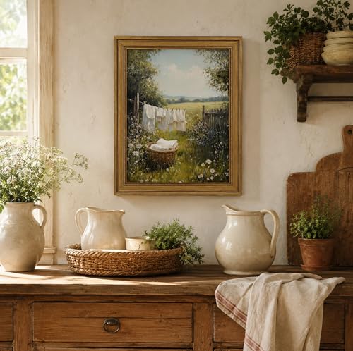 Image of NALEPS Vintage Gold Framed Laundry Room Wall Art, Country Landscape Pictures Canvas Painting, Rustic Summer Wildflower Decor for Farmhouse, Bathroom, Damage-Free Ready to Hang, 9x11 in