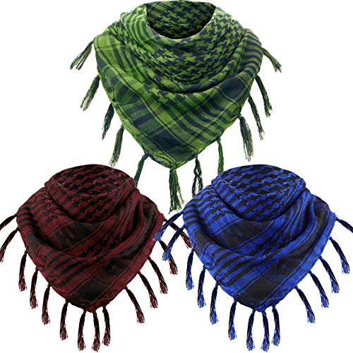 Satinior 3 Arab Plaid Fringe Scarves Shemagh Keffiyeh Head Neck Scarf With Tassel For Tactical Outdoor Camping Accessory Unisex (Army Green, Coffee, Sapphire Blue) #TOP23