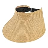 Straw Sun Visors Womens, Ponytail Beach Straw Visor, Packable Summer Sun Hats for Women Travel Khaki