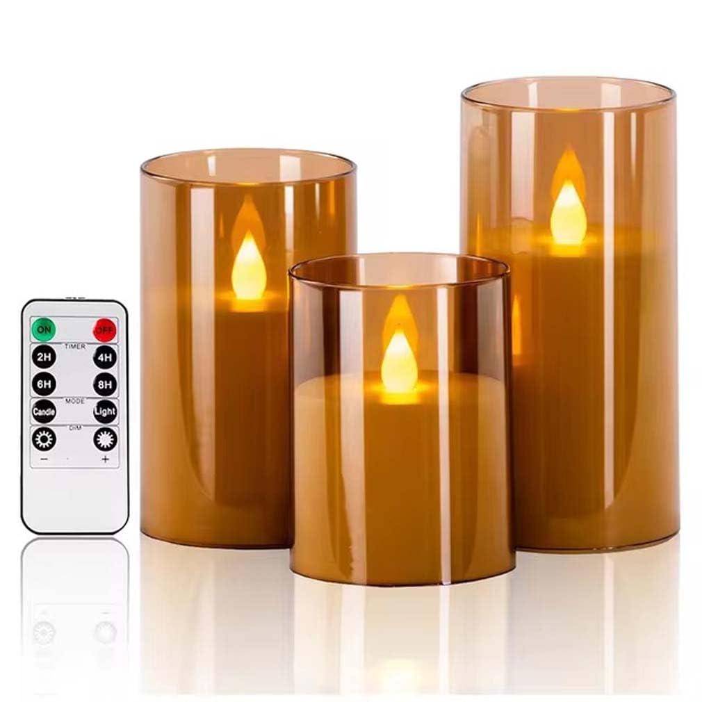 LUCKKY 3PCS Glowlabo Flameless Candle Set, Glowlabo Pillar Candles, Battery Operated LED Flameless Candles with Remote and Timer for Festival Wedding Home Party Tabletop Decor (Amber)