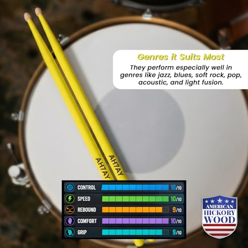 Image of Kadence AH7AY Touring Series Neon 7A Drumsticks | Premium American Hickory Wood | Acorn Tip with Smooth Matte Finish | Includes Protective Plastic Case | Yellow