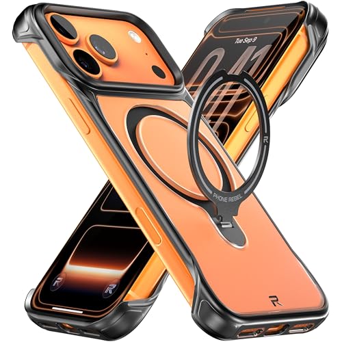 REBEL Semi-Clear Case for iPhone 17 Pro Max 6.9” [Frosted Flex Series] Exposed Sides for Comfort, Strong MagSafe Compatible, Built-in Metal Kickstand, Protective Upgraded Frameless Cover 2025 Phone