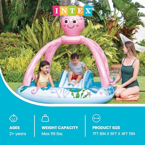 Image of INTEX Friendly Octopus Inflatable Kiddie Pool: Inflatable Kids Pool with Water Sprayer and Slide - Splash Pad - 92 inch x 72 inch x 59 inch - Ages 3+
