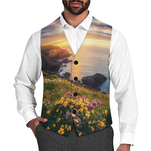 Ireland Sunset Seascape Men's Suit Vests Business Formal Dress Vest V-Neck Waistcoat for Wedding Casual