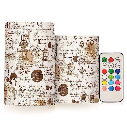 Flameless Candles Battery Operated Vintage Dragonfly Tea Coffee Flickering Led Pillar Candles with Remote Control Coffee Tool Colour Changing Warm Light Candles for Wedding Halloween Christmas