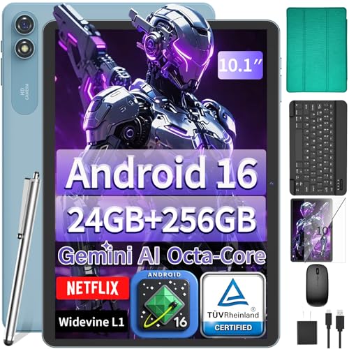 Image of 10 inch Tablet with Keyboard, 2026 Gemini AI Android 16 Tablet, 24GB+256GB+2TB Expand, Electronics Tablets with 8-Core, 8000mAh, 5G WiFi, GPS, GMS, 2 in 1 Tablet PC with Case /Mouse /Stylus(Green Case)